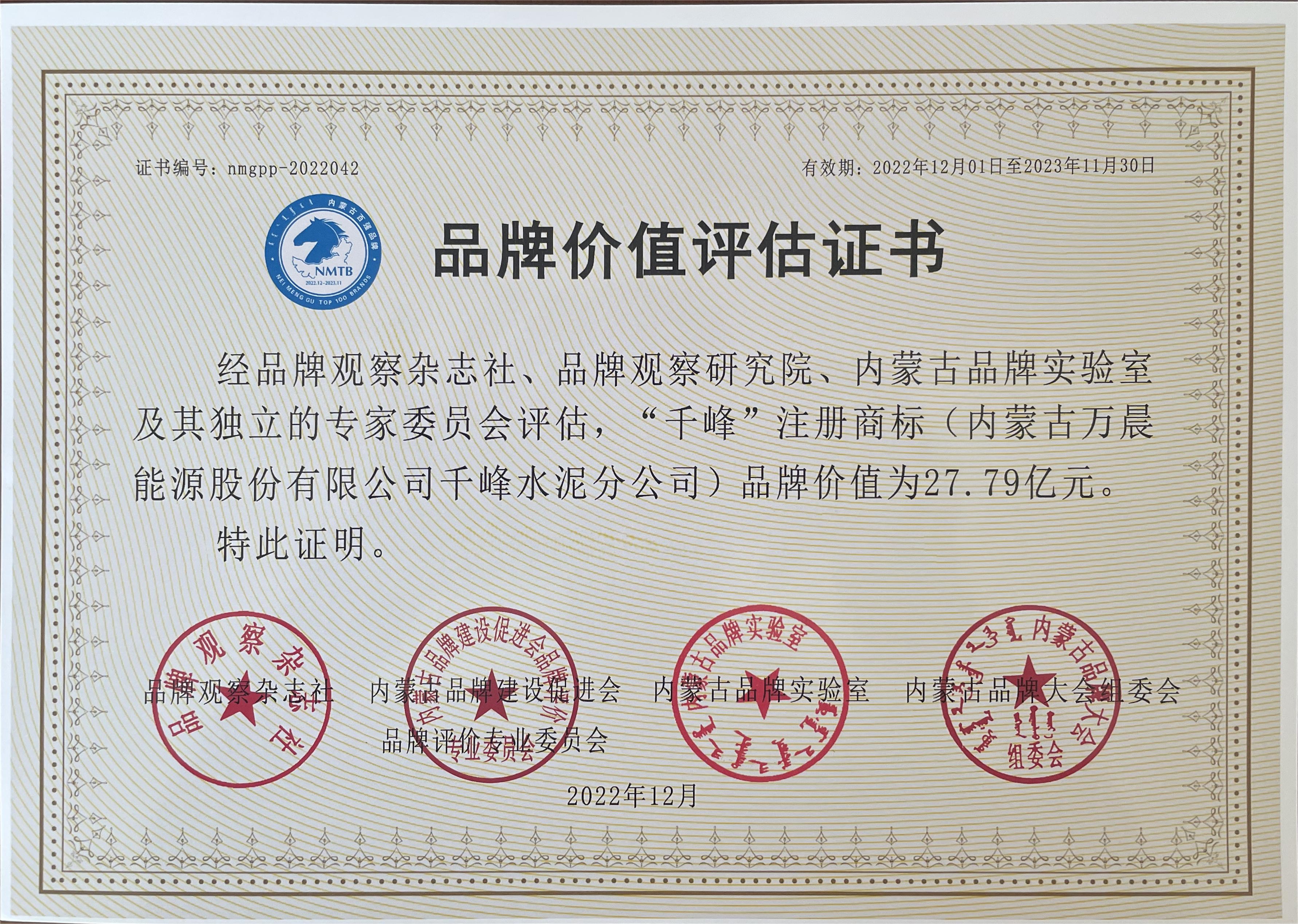 “千峰”水泥品牌價(jià)值評(píng)估證書(shū)